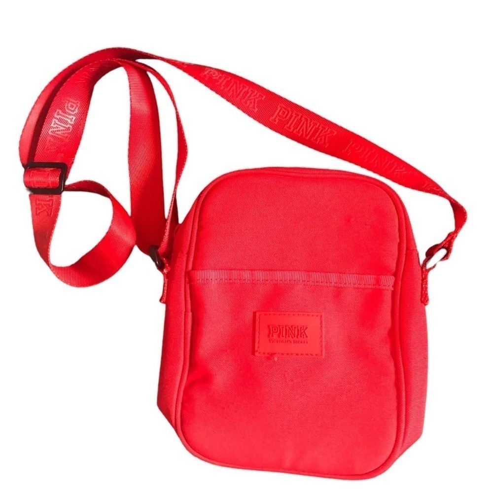 PINK VS Logo Crosssbody Red Canvas Bag Adjustable Strap 7.5X6 Pockets Travel